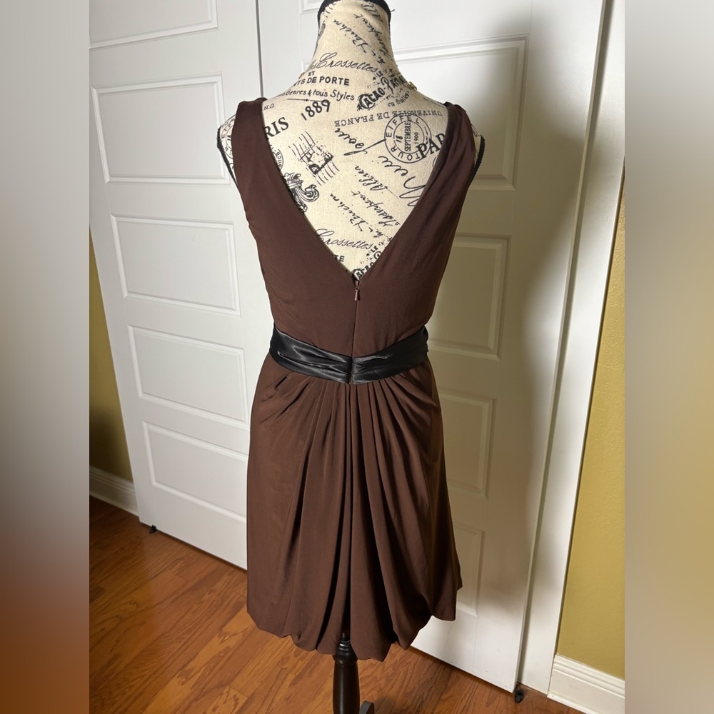 Cassandra Stone for Mac Duggal Chocolate Brown Deep V Bubble Hem Dress - Picture 2 of 5